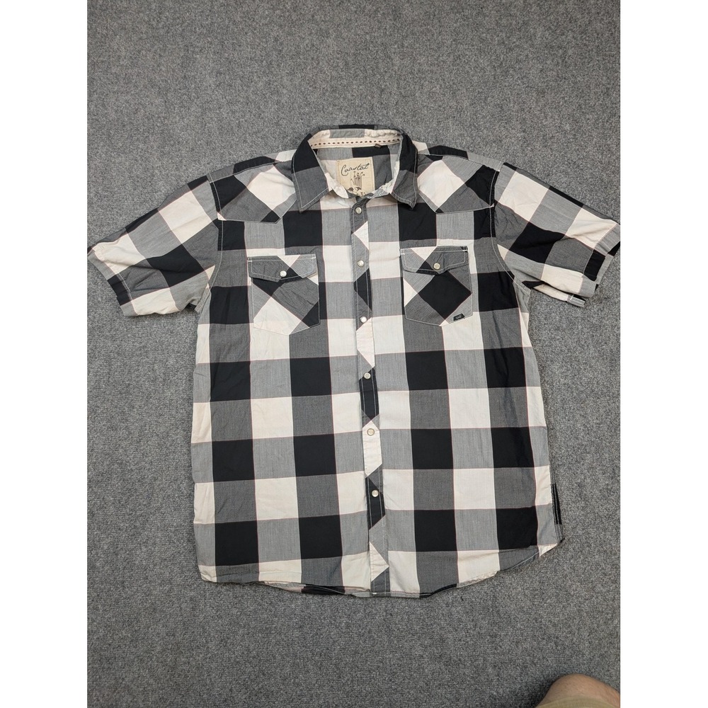 Coastal Mens XL Black Grey Buffalo Plaid Short Sleeve Western Pearl Snap Shirt